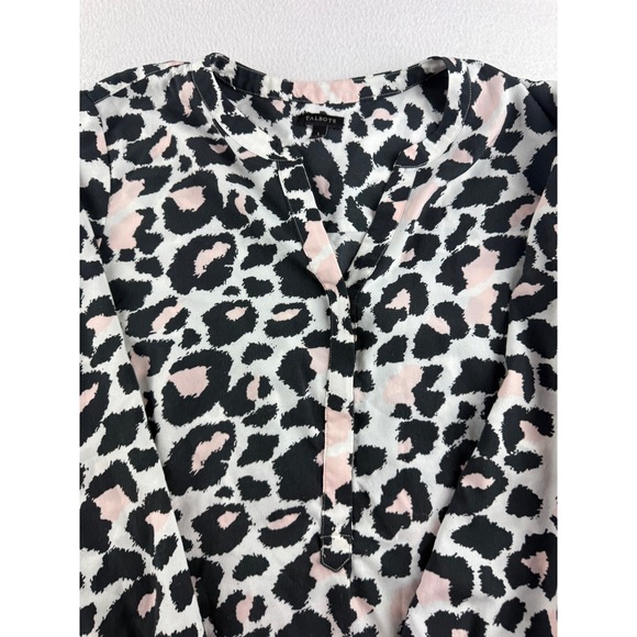 Talbots Womens Pink Black Leopard Print Split V-Neck Blouse Long Sleeve Size L - Picture 3 of 8